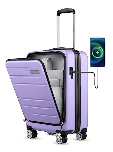 Purple Carry On Luggage 22x14x9 Airline Approved, PC Hard Shell Luggage with USB Port, Travel Suitcase with Wheels and Pocket Compartment
