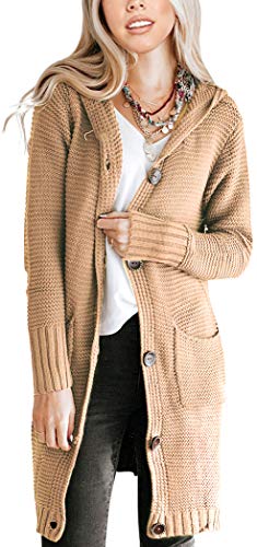 NENONA Women's Open Front Chunky Knit Hooded Cardigan Sweater Long Sleeve Button Down Outwear with Pockets(Khaki-S)