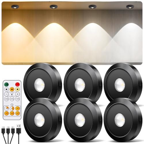 6 Pack Puck Lights with Remote Control, Rechargeable Closet Lights, Upgrade 1500mAh Battery Under Cabinet Light, 3 Color and Timing Function, Dimmable LED Tap Light, Stick on lamp, Push Lighting