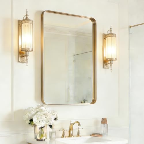 Image of USHOWER Gold Bathroom Mirror 24 inchx36 inch, Brushed Gold Rounded Rectangle Mirror for Over Sink, Aluminum Frame, Anti-Rust, Tempered Glass, Horizontal or Vertical Mounted