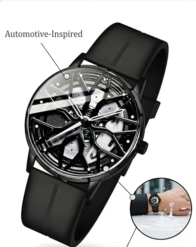 Image of Oculus Men's 3D Car Wheel Rotating Watch, Luxury Sport Quartz with Hollow Hub Dial, Magnetic Silicone Strap, Automotive-Inspired Design, Black Magnetic Straps
