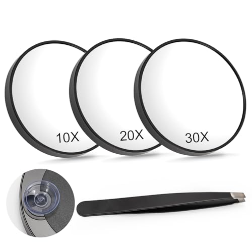 3 Pcs Magnifying Mirror, 10x 20x 30x Small Makeup Mirror, Travel Make Up Compact Pocket Magnified Mirrors with 2 Suction Cups (Include Tweezers Kit)