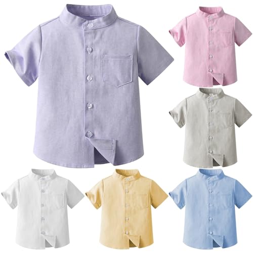 Toddler Boys Button up Henley Shirt School Collar Linen Cotton Dress Shirts with Pocket Short Sleeve Casual Formal Kids Tops