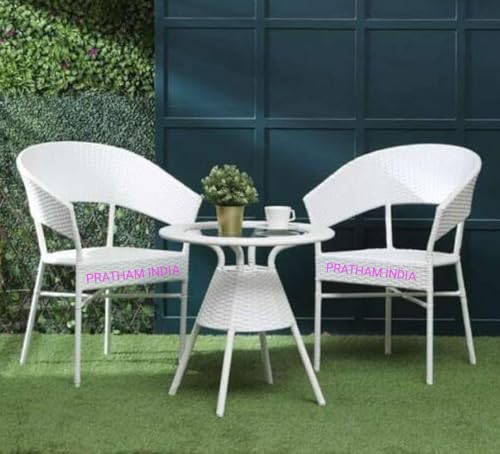 Image of India Garden Patio Seating Chair and Table Set Outdoor Balcony Garden Coffee Patio Furniture Sets with 1 Round Table and 2 Chairs Set (White Color)