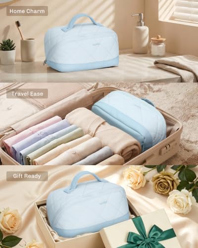 Image of Hynes Eagle Travel Makeup Bag for Women Puffy Cosmetic Organizer Pouch Open Flat Toiletry Bag for Toiletries Brushes Structured Base Light Blue
