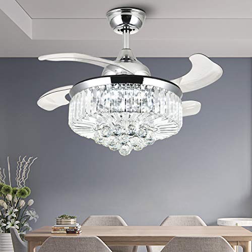 7PM Modern Crystal Ceiling Fan with Light Retractable Blades Chandelier Fan with Reverse Chrome Remote Control Fandelier Lighting Fixture for Dining Room Bedroom 36 Inch