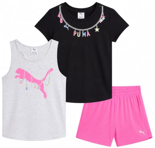 Image of PUMA Girls Active Shorts Set - 3 Piece Performance T-Shirt, Tank Top, Gym Shorts - Summer Athletic Outfit for Girls (7-14)