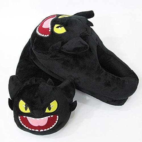 Plush Animal House Slippers, Black Dragon Design, Indoor Winter Warm Footwear, Unisex Size 8.54