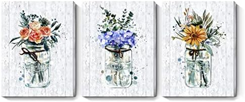 Rustic Flower Canvas Wall Artwork for Residing Room 3 Piece Floral Bouquet in Vase with Rope Love Residence Life Theme Inspirational Art work Framed Botanical Print for Residence Bed room Rest room Farmhouse,12x16inch