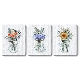 Rustic Flower Canvas Wall Art for Living Room 3 Piece Floral Bouquet in Vase with Rope Love Home Lif