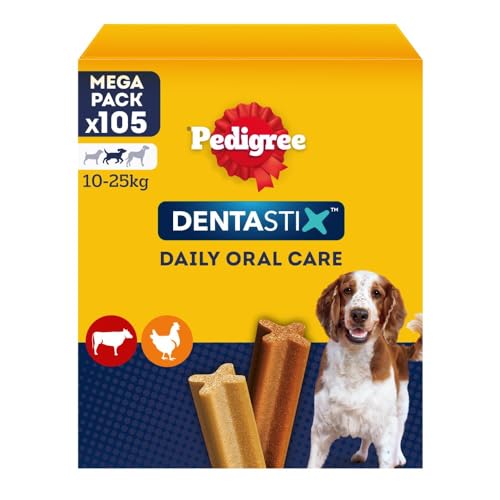Pedigree Dentastix Snack per la Igiene Orale (Cane Medio 10-25 kg), 180g 105 Pezzi - 15 Confezioni da 7 pezzi (105 Pezzi totali)