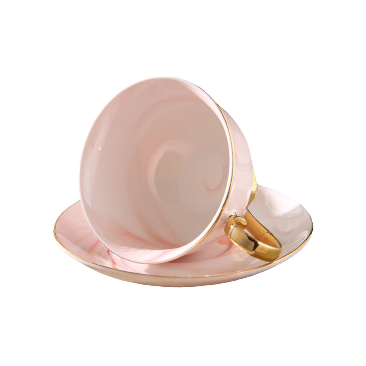 Tofficu Tasse à Café en Céramique Marbrée 250 Ml Nordic avec Soucoupe Rouge et Or, Set Café Maison Bureau, Ensemble Tasse et Soucoupe pour Jus Thé