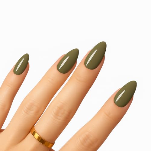 Glossy Olive Green Press On Nails – Almond Shape, Medium Length, 24 PCS Fake Nails with Nail File & Glue Tabs, Reusable ABS Material