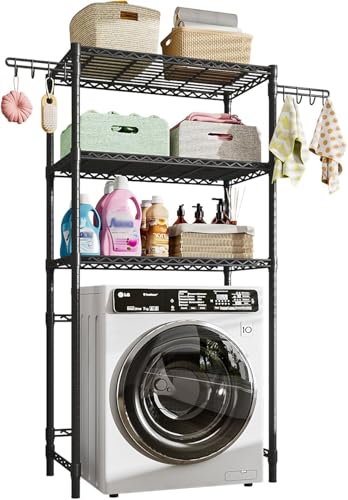 FTEYUET 3-Tier Storage Unit, Washing Machine and Dryer Shelving Unit, Space-Saving Over Washer Storage Rack Shelves with Side Hooks, Adjustable Height for Laundry & Bathroom, Black