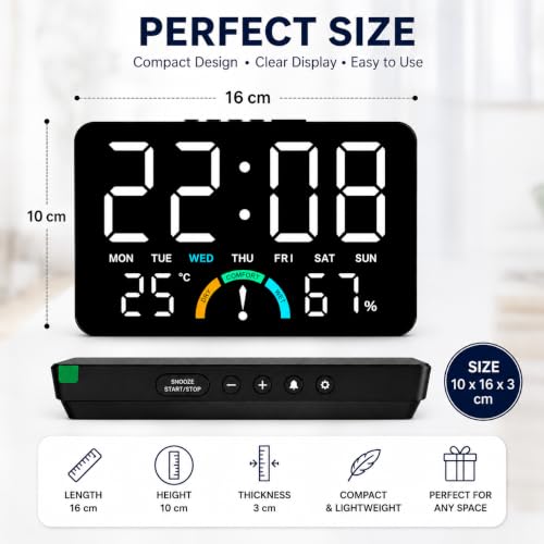 Image of AERYS Digital LED Alarm Clock with 1 Year Warranty Temperature&Humidity Monitor,Comfort Indicator (Dry /Comfort /Wet) Dual Alarm, Day&Time Display,Large LED Screen,Snooze,Desk Clock for Bedroom&Office