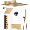 WHSHOWER Brushed Gold Full Body Shower Set Digital Display Shower System With Hand Shower Dual Rainfall Shower System With 12"Overhead Shower 8" Side Shower Head, Waterfall Tub Spout