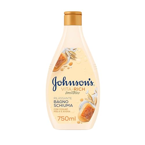 Johnson's Vita-Rich Bagnoschiuma Rilassante, Bagnodoccia con concentrato di Yogurt, Miele e Avena, Docciaschiuma nutriente per una pelle profumata e una sensazione di benessere fino a 24 ore, 750 ml