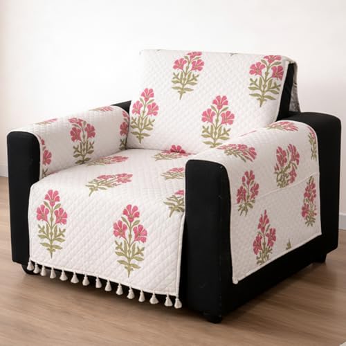 Image of House of Quirk IKATRA Series Quilted Printed Sofa Cover for Indian Sofa Set with Side Pocket - Premium Washable, Anti-Slip, Durable & Ultra Soft Fabric Protector (Ivory Phool, One Seater)