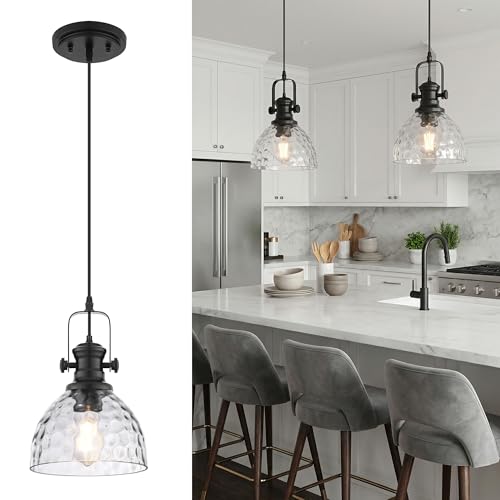 Image of 7.5 inch Black Pendant Lights Kitchen Island, Hammered Glass Shade