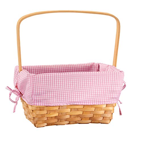 Pink Gingham Wicker Easter Basket, Removable Liner, Made of 100% Durable Chip Wood - Measures 10