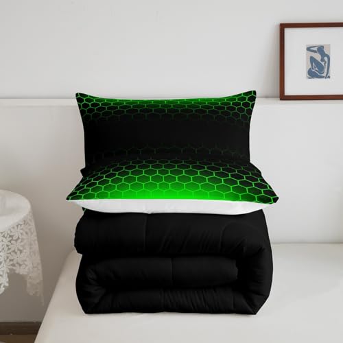 Image of Feelyou Green Black Ombre Honeycomb Comforter King Size for Boys Girls, Geometrics Hexagon Comforter Set Abstract Green and Black Bedding Set Hexagonal Duvet Set Microfiber Bed Set