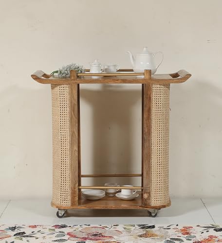 Rattan Cane Wooden Bar Cart, 2-Tier Rolling Serving Trolley ...