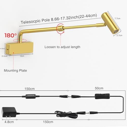 Image of Picture Light for Wall with Retractable Arm, Rotatable Indoor Picture Light Mini Accent Spotlight Plug in, Dimmable LED Picture Frame Light with Remote, Gold-Electroplated Wall Art Light 2700K