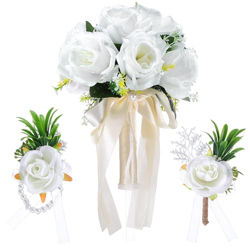 Juinte Wedding Bouquets for Bride Bridesmaid with Corsage and Boutonniere Set, 9.45 Inch White Artificial Roses Flowers Bridal Bouquet with Pearl Accents for Wedding Church Decoration Ceremony