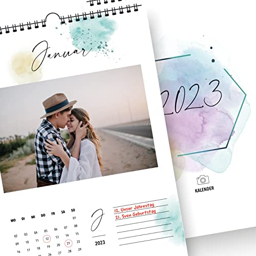 heaven+paper Kalender 2023 selber gestalten - Fotokalender zum selbstgestalten im Aquarell Design - Happy Splash - personalisierte Geschenke für Freundin / Familie - 2023 Wandkalender A4 Cover