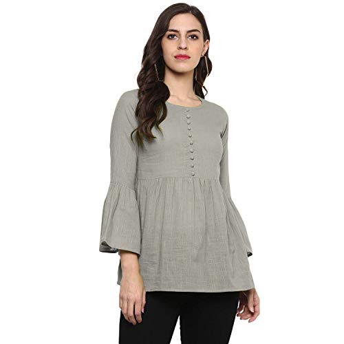 Image of Cotton Plain and Solid Bell Sleeve A-Line Short Round Neck Flared Tunic Top for Girls Women
