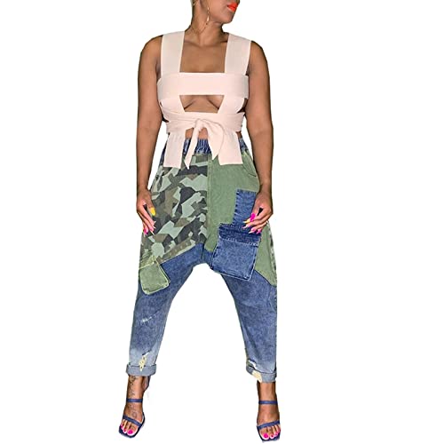 Women High Waisted Boyfriend Jeans Camo Patchwork Denim Joggers Straight Leg Cargo Pants with Pockets2