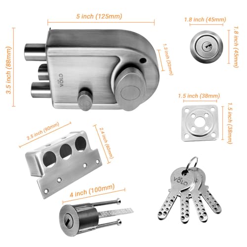 Image of VOLO Heavy Duty Tri-Bolt Rim Lock - Secure Dead Lock with Keys for Main Door, Single & Double Doors, Left & Right-Handed Use - Ideal for Home & Office (Pack of 1) (MT-02 (Satin))