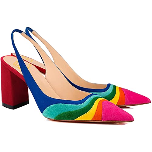 LEHOOR Women Rainbow Slingback Pumps Suede Chunky Block High Heel Dress Shoes Closed Pointed Toe Sandals Elastic Ankle Strap Office Work Shoe Multicolored Patchwork Wedding Party Prom Spring 4-13 M US