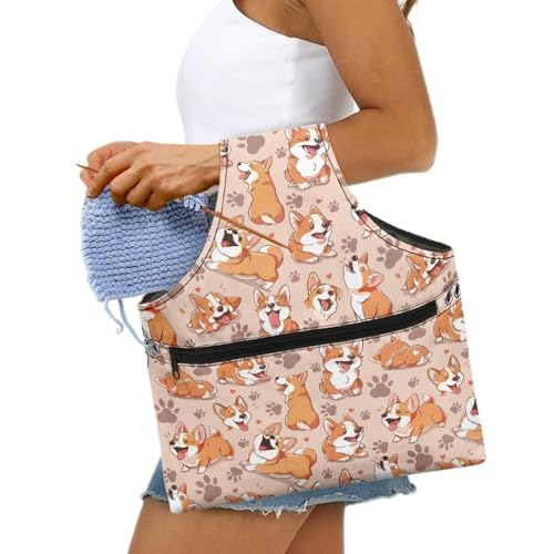 Image of KUIFORTI Dog Yarn Bag Crochet Bag Cute Corgi Yarn Project Bag Knitting Bag Lightweight Kniting Wrist Bag Large Size