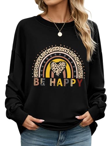 CMTOP Sudaderas Mujer sin Capucha Sudadera Estampada Informal Camiseta Amplio Básico de Manga Larga Sweatshirt Cuello Redondo De Canalé Top Chic Elegante para Primavera Otoño(Negro E, L)
