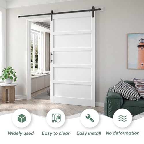 Image of 48x96 inch White Barn Door with 8FT Sliding Door Hardware Kit Included & Handle,MDF,Solid PVC Surface,DIY Assembly,5-Panel