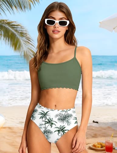 Image of Girls Swimsuit Two Piece Bathing Suit Ruffle Trim Swimsuits for Girls Tankini with Drawstring Shorts Swimwear 9-18Y