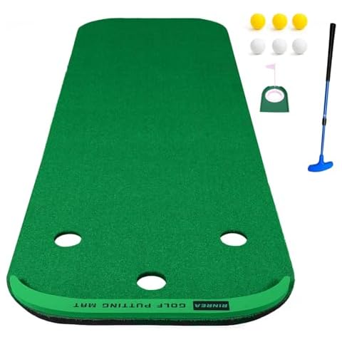 RINREA Golf Putting Mat, Golf Putting Green for Indoor/Outdoor, Golf Practice Mat with 1 Putter, 6 Golf Balls, 1 Movable Cup, and 1 Border (3.2×9.8ft) Cover