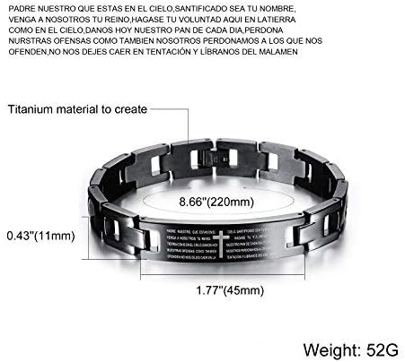 TEMICO Men's Spanish/English Bible Lords Prayer Cross Bracelet Stainless Steel Link Chain Bracelet Black - Image 3