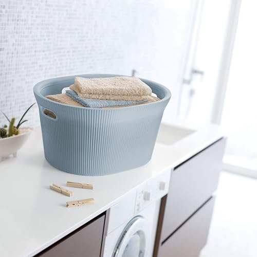 Image of Superio Ribbed Collection - Decorative Plastic Laundry Basket with Cut-Out Handles, Blue (2 Pack) Hamper Organzier for Bedroom Bathroom College Dorm Room 35 Liter