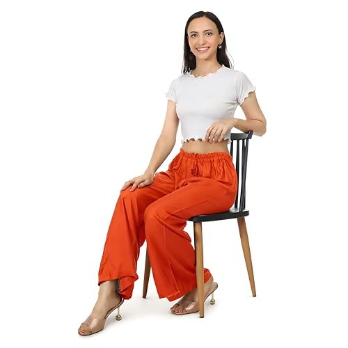 Image of Women's Rayon Palazzo Pants | Solid Color Wide Leg Trousers in 18 Shades | Elastic Waist Casual Bottoms XS-7XL | Comfortable