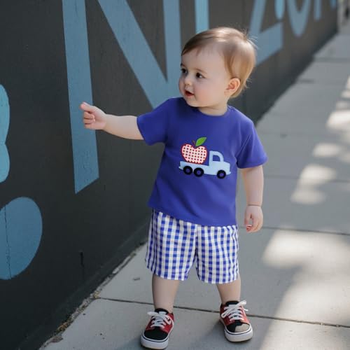 Toddler Baby Boy Back to School Outfits Apple Embroidery Short Sleeves T-Shirt Elastic Plaid Shorts Set 2Pcs Summer4