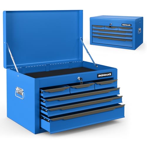 Goplus Tool Box 24 Steel Tool Chest w/6 Drawers Top Tool Tray Automatic Lock Protective Liners Handle Smooth Ball Bearing Sides Portable Tool Storage Organizer Toolbox for Garage Workshop