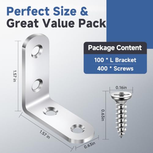 Image of 100PCS L Bracket Corner Brace, Stainless Steel L Brackets for Wood Shelves