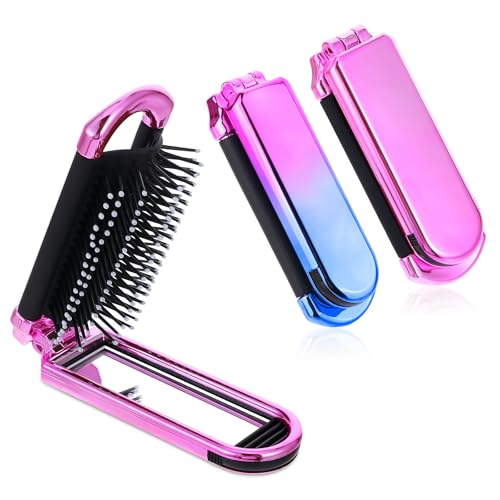 2 Pack Pink & Gradient Foldable Hair Brush with Mirror, Compact Travel Size Massage Comb for Women and Men
