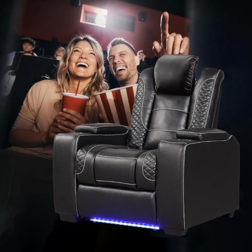 Image of ANJ Power Home Theater Seating Recliner Chairs Set of 2, PU Leather Recliner with Cup Holders, Electric Movie Theater Reclining Chair with Adjustable Headrest, LED Lights, Hidden Arm Storage (Black)