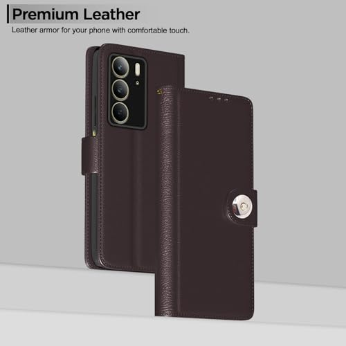 Image of Pikkme Flip Cover Leather Finish | Inside TPU with Card Pockets | Wallet Stand and Shock Proof | Complete Protection Button Flip Case for Realme C75(Coffee)