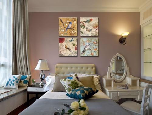 Image of Flowers Birds Canvas Wall Art for Bedroom Floral Wall Decor Butterfly Picture Framed Artwork Vintage Prints Paintings for Bathroom Kitchen Decorations