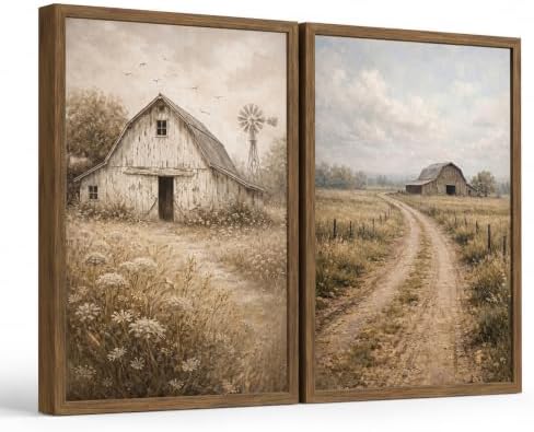Farmhouse Wall Art Set of 2, Vintage Rustic Barn Landscape Canvas...