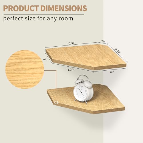 Image of Corner Shelf Wall Mount, Floating Corner Shelves, Set of 2 Corner Wall Shelf Organizer, Rustic Wood Wall Storage Display Shelves for Living Room Bedroom Bathroom Kitchen, Rustic Brown, Oak